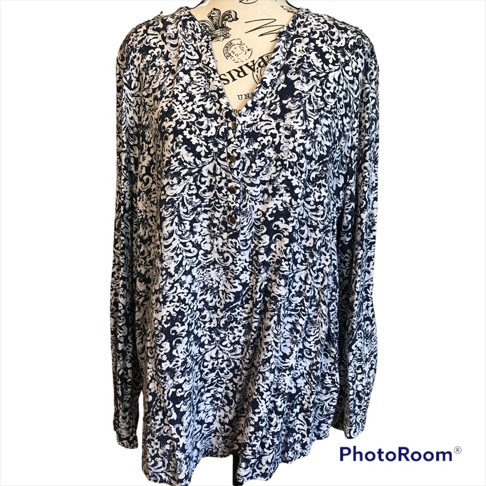 Faded Glory | Women’s Blue & White Floral Print | 3/4 Sleeve | XL